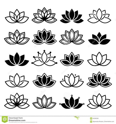 Photo about Black and white lotus flowers icons, different shapes and styles. Illustration of india, geometric, beauty - 94382363 Art Deco Shapes Patterns, Lotus Flower Tattoo For Men, How To Draw A Lotus Flower, Lotus Flower Outline, Lotus Outline, Simple Lotus Flower Tattoo, Simple Lotus Tattoo, Geometric Flower Tattoo, Lotus Designs