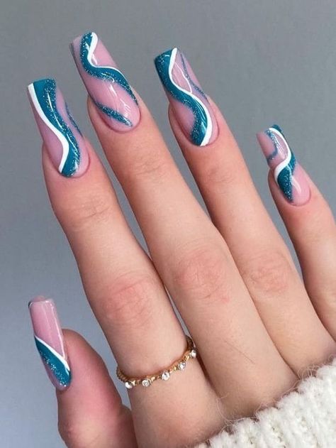 Turquoise Prom Nails, Cyan Nail Designs, Teal Prom Nails, Turquoise Nails With Glitter, Teal And White Nails, Dark Teal Nails Designs, Cyan Nails, Teal Blue Nails, Teal Nail Ideas