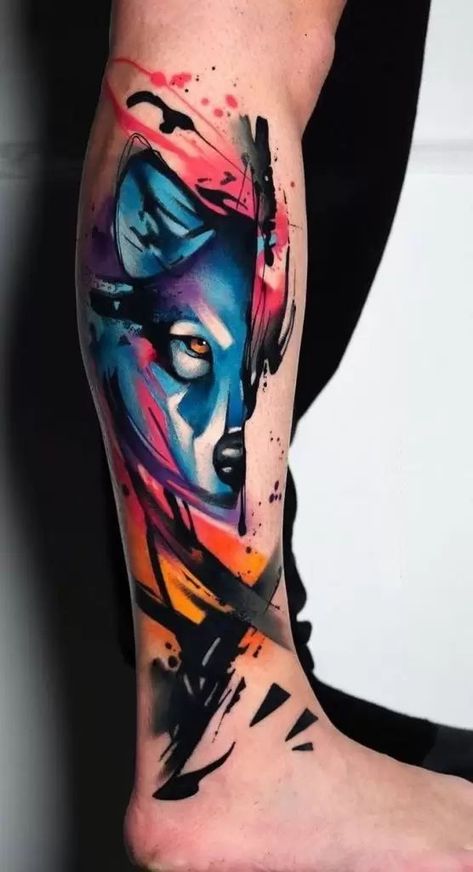 Shirt Wolf Cut, Tattoo Designs Wolf, Wolf Clothes, Watercolor Wolf Tattoo, Watercolour Tattoo Men, Colorful Sleeve Tattoos, Wolf Bracelet, Wolf Puppy, Best Leg Tattoos