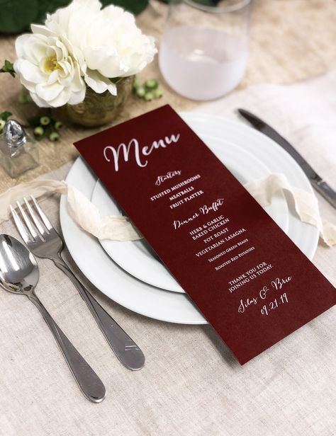 "These Burgundy Dinner Menu Cards are nature inspired and and have a hint of burgundy and merlot color to them. These printed maroon menus will also compliment any wine inspired or winery wedding theme. Menus are great for a sit down dinner and excellent for buffet dinners too. Perfect for wine tastings. You can place one at each table setting or just one for each table. Each 4\" x 9\" menu card is printed on Eco-friendly maroon burgundy card stock with white printing. These are the perfect size Maroon Food, Burgundy Table Decor, Winery Wedding Theme, Wine Theme Wedding, Fall Wedding Tables, Wedding Dinner Menu, Christmas Dinner Menu, Thanksgiving Dinner Menu, Maroon Wedding