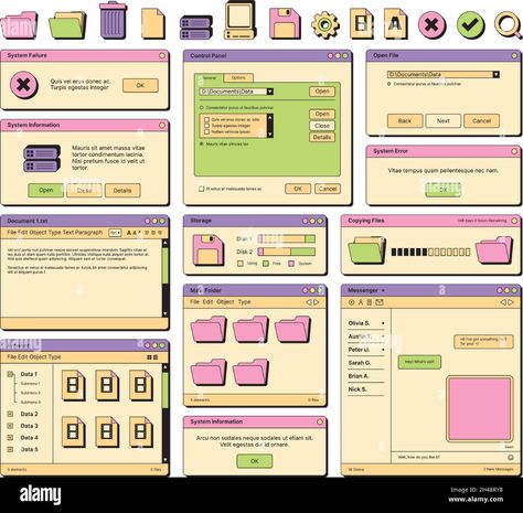 Download this stock vector: Web ui. 90s layout screen elements frame pages banners icons dividers and buttons garish vector ui templates - 2H48RY8 from Alamy's library of millions of high resolution stock photos, illustrations and vectors. Web Browser Aesthetic Template, Web 1.0 Aesthetic, 2000s Web Design, Old Web Design, 90s Website Design, 90s Web Design, Y2k Web Design, 90s Website Aesthetic, Neocities Layouts