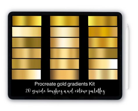 10 Best Free Procreate Metallic, Gold & Silver Color Palettes Silver Color Palette, Pencil For Ipad, Gold Hex, Gold Drawing, Lettering Guide, Free Procreate, Hard Words, Metallic Gold Color, Planner Stamps