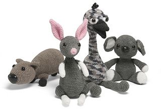 Crochet wombat, emu, koala, bilby pattern by Janine Tsakisiris available through Lincraft Crochet Figures, Australian Gifts, Crochet Jewellery, Animals Crochet, Popular Series, Australian Animals, Crochet Toys Patterns, Corner Designs, Emu