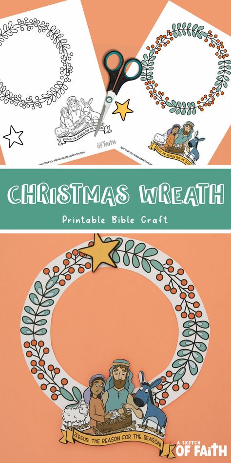 Printable nativity wreath craft with olive leaves, star, and nativity scene. A Christ-centered activity teaching Christmas’s meaning. Christmas Snow Globe Craft, Jesus Christmas Crafts, Christmas Sunday School Crafts, Religious Christmas Crafts, Nativity Activity, Nativity Wreath, Christmas Sunday School, Jesus Crafts, Christ Centered Christmas