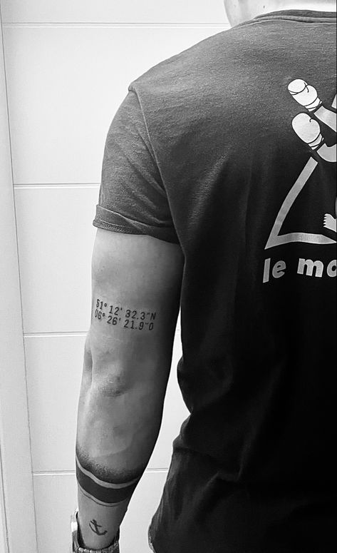 Mens Coordinate Tattoo, Coordinates Tattoo Placement Men, Coordinates Tattoo Men, Triceps Tattoo Men, Tricep Tattoo, Typographic Tattoo, First Tattoo Ideas, Tricep Tattoos, Italy Tattoo