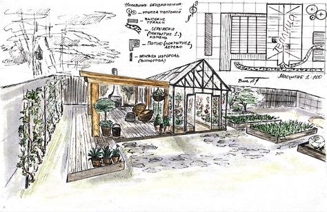 Watercolor sketch Greenhouse Sketch Architecture, Green House Sketch, Greenhouse Landscape, Greenhouse Cafe, Outdoor Designs, House Sketch, Garden Greenhouse, Leaf Drawing, Architecture Student