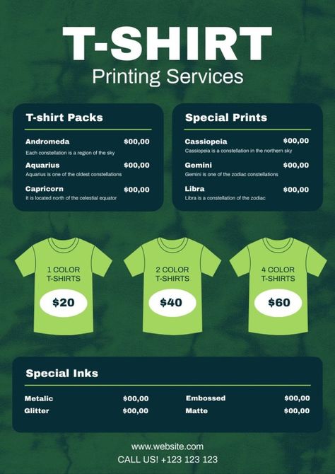 Modern T-shirt Printing Services Price List Tshirt Template, Price List Template, Brand Kit, Shirt Printing, List Template, T Shirt Printing, Price List, Free Graphic Design, Design Template