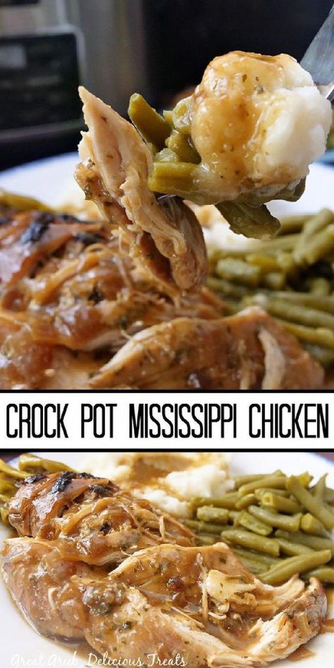 Slow cooker Mississippi chicken combines all the flavor of Mississippi pot roast with tender, white meat chicken. It's so easy and delicious. Chicken Pepperoncini, Crock Pot Mississippi Chicken, Mississippi Chicken, Pepperoncini Peppers, Easy Crockpot Dinners, Mississippi Pot Roast, Chicken Crockpot, Plat Simple, Crockpot Dishes