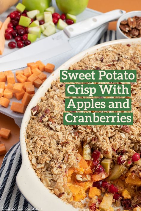 In this Sweet Potato Crisp With Apples and Cranberries recipe, some of the sweet potatoes are mashed with cream cheese, cinnamon and nutmeg, while the remaining are left diced to complement the diced apples 🍎 and chopped cranberries. Topped with an oat and brown sugar mix, along with pecans, this recipe is truly divine. #MyCutco #ThanksgivingRecipes #SweetPotatoCasserole #SweetPotatoRecipes Sweet Potato Casserole With Apples And Pecans, Sweet Potato Apple Cranberry Casserole, Cranberry Apple Twice Baked Sweet Potato, Sweet Potatoes With Apples, Sweet Potato Crisp, Sweet Potato Sliders, Sweet Potato Crisps, Thanksgiving Favorites, Thanksgiving Festivities