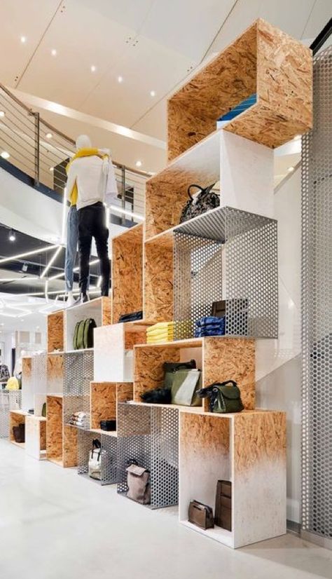 Urban Retail Store Design, Plywood Display, Chipboard Interior, Osb Furniture, Architecture Light, Aesthetic Architecture, Brick Interior, Retail Fixtures, Warehouse Design