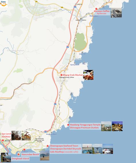 Tourist Map of Top 11 Places to Visit in Haeundae and Gijang, Busan, South Korea | KoreaToDo Gamcheon Culture Village, Haeundae Beach, Busan South Korea, Coastal City, Tourist Map, Hidden Places, Fish Market, Shopping Places, Coastal Cities