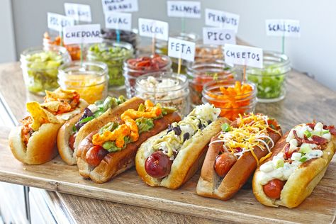 Hot Dog Party Food, Hot Dog Station, Party Food List, Dog Party Food, Hot Dog Party, Beautiful Cheese Board, Hosting Ideas, Hot Dog Bar, Graduation Party Foods