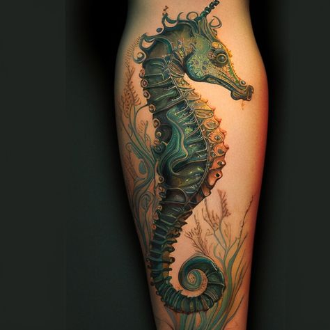 Hypocampus Tattoo, Mythical Sea Creature Tattoo, Mermaid Seahorse Tattoo, Sea Horse Tattoos, Seahorse Ocean Tattoo, Seahorse Tattoo Ideas, Unique Seahorse Tattoo, Two Seahorse Tattoo, Sea Creature Tattoo