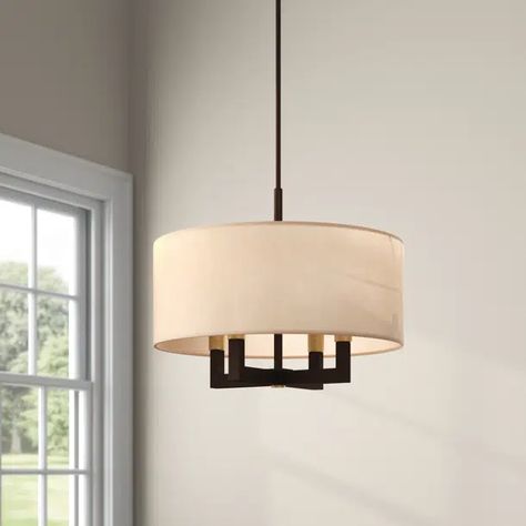 Three Posts™ Lariviere 4 - Light Shaded Drum Chandelier & Reviews | Wayfair Drum Chandelier Dining Room The Home Depot, Drum Chandelier Dining Room, Lights Over Dining Table, Drum Pendant Lighting, White Chandelier, Happy House, Ash Gray, Drum Chandelier, Livex Lighting