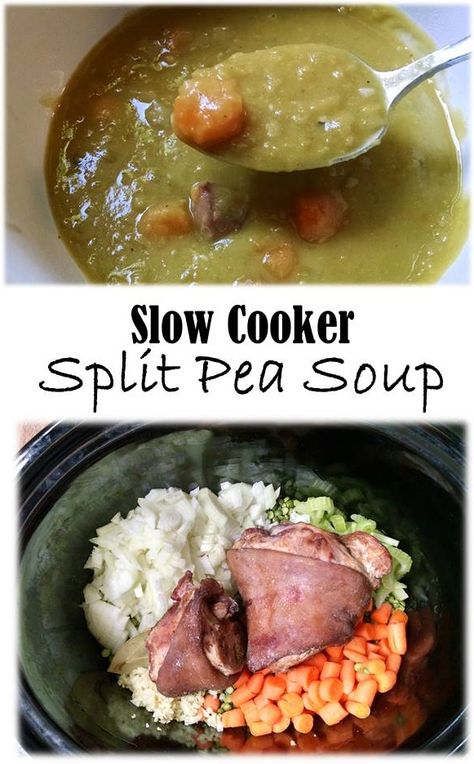 Slow Cooker Split Pea Soup is a hearty, healthy soup made with dried peas, carrots, onions, chicken stock, and ham hocks. It’s super easy to make, just dump everything in the slow cooker and go! Pea Soup Crockpot, Split Pea Soup Slow Cooker, Slow Cooker Split Pea Soup, Soup Slow Cooker, Split Pea Soup Recipe, Pea And Ham Soup, Ham Hock, Ham Soup, Split Pea Soup