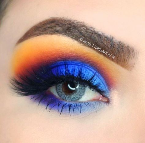 Orange Blue Eyeshadow Looks, Bright Blue Makeup Looks, Astros Makeup Look, Blue Orange Eyeshadow, Yellow And Blue Eyeshadow Looks, Blue And Orange Makeup Look, Orange And Blue Makeup Looks, Blue And Orange Eyeshadow Looks, Orange And Blue Eyeshadow Looks