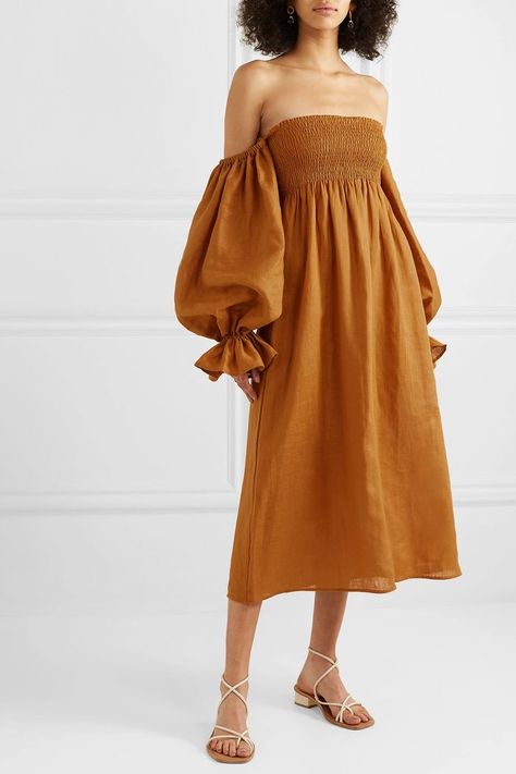 Sleeper Atlanta Off-the-Shoulder Shirred Linen Midi Dress Daily Sleeper, Midi Linen Dress, Dress With Puffy Sleeves, Solid Brown, Linen Midi Dress, Cute Fall Outfits, Dress Midi, Puffy Sleeves, Looks Vintage