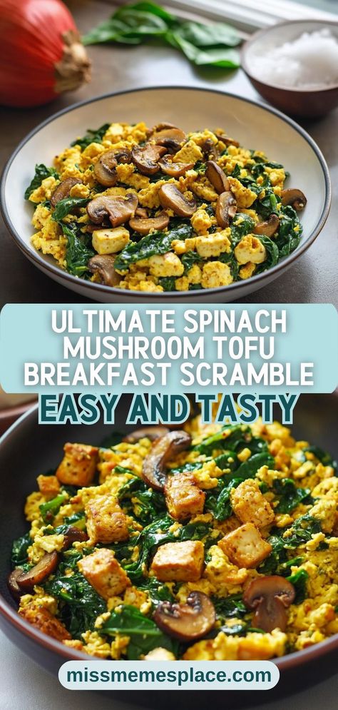 Delight your guests with a Hearty Spinach and Mushroom Tofu Scramble at your next brunch! This flavorful dish combines the richness of crumbled tofu with the earthy goodness of mushrooms and the vibrant color of fresh spinach. It's not just a treat for vegans; everyone will love its savory taste and fulfilling texture. With simple ingredients and easy preparation, this scramble is versatile enough to accommodate various veggies and spices. Make it a staple in your brunch rotation today! Tofu Scramble Recipe, Crumbled Tofu, Scrambled Tofu Recipe, Tofu Breakfast, Spinach And Mushroom, Tofu Scramble, Fresh Spinach, Spinach Stuffed Mushrooms, Quick Weeknight Meals