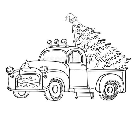 Vector Drawing Of Outline Vintage Old Pickup Truck With Christmas Tree And Garland In Black Isolated On White Background. Stock Vector - Illustration of transport, cartoon: 165307909 Red Truck With Christmas Tree, Christmas Tree Outline, Christmas Tree Coloring, Vintage Truck Christmas, Truck With Christmas Tree, Xmas Drawing, Farm Coloring Pages, Tree Coloring, Christmas Tree Drawing