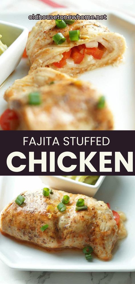 Fajita Stuffed Chicken Fajita Stuffed Chicken, Mexican Inspired Dinner, Dinner Easy Healthy, Chicken Chile, Stuffed Chicken Breasts, Stuffed Chicken Breast, Dinner Easy, Stuffed Chicken, Monterey Jack Cheese