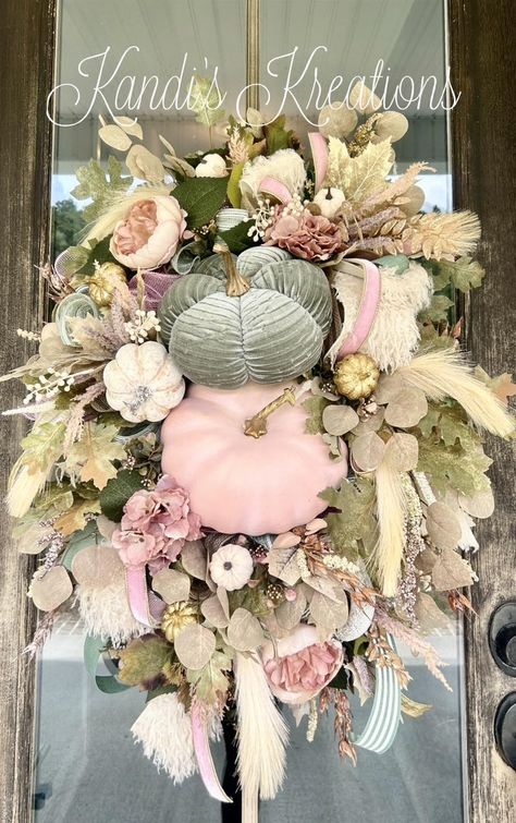 The fall pink and mint boho design is... - Kandi's Kreations | Facebook Pink Wreaths, Fall Wreath Ideas, Fall Pink, Farmhouse Style Wreath, Pink Fall, All Season Wreath, Pink And Mint, Pink Wreath, Peonies Wreath