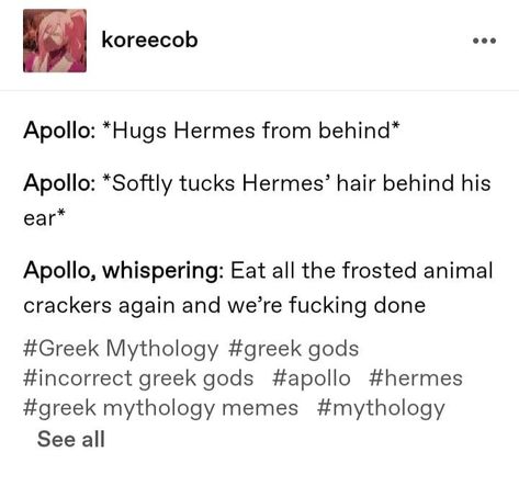 Apollo And Hermes Memes, Hermes X Apollo, Apollo X Hermes, Apollo And Hermes, Hermes And Apollo, Mythology Humor, Historical Humor, Greek Memes, Greek Mythology Humor