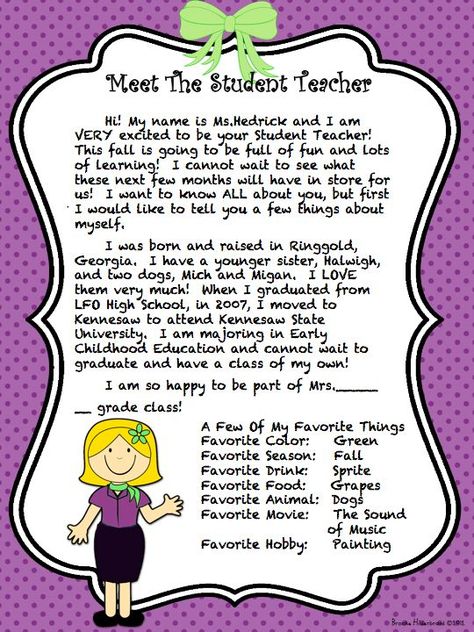 Meet the Student Teacher letter, could be altered to be meet the teacher. Meet The Student Teacher, Meet The Student, Teacher Introduction Letter, Teacher Resumes, Letter To Students, Teacher Introduction, Teacher Letter, Quotes Teacher, Teacher Portfolio