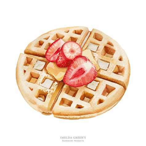 Strawberry waffle with butter | watercolor food illustration Waffle Watercolor, Illustration Breakfast, Salmon Sushi Rolls, Illustration Practice, Highlights Icon, 8x10 Painting, Watercolor Food Illustration, Dessert Waffles, Strawberry Waffles