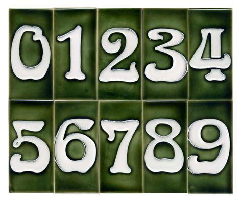 Art Nouveau Green Tile House Numbers from historichouseparts.com Spanish Tile House, Numbers Spanish, Art Nouveau Typography, Craftsman House Numbers, Art Nouveau House, Numbers Design, Tile House Numbers, Mission House, Tile House