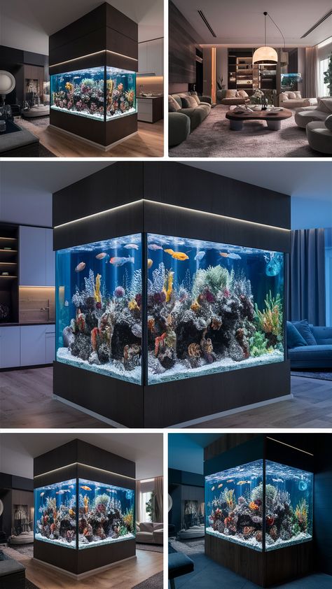 Aquarium Design Ideas: Wall Divider Elegance Room Divider Aquarium, Library Aquarium, Modern Fish Tank, Aquarium Design Ideas, Aquarium Wall, Fish Tank Wall, Wall Dividers, Big Aquarium, Wall Aquarium