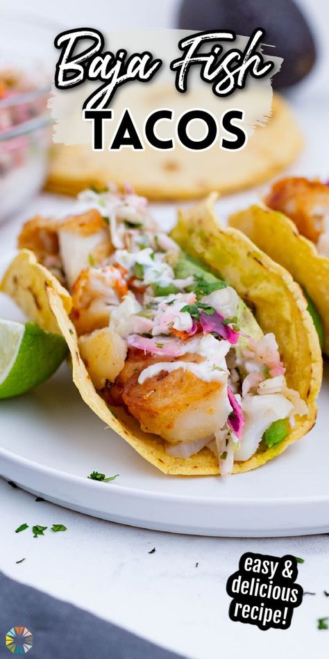 Simple Tacos, Cod Fish Tacos, Slaw For Fish Tacos, Fried Fish Tacos, Easy Fish Tacos, Baja Fish Tacos, Lime Crema, Fried Cod, Beer Battered Fish