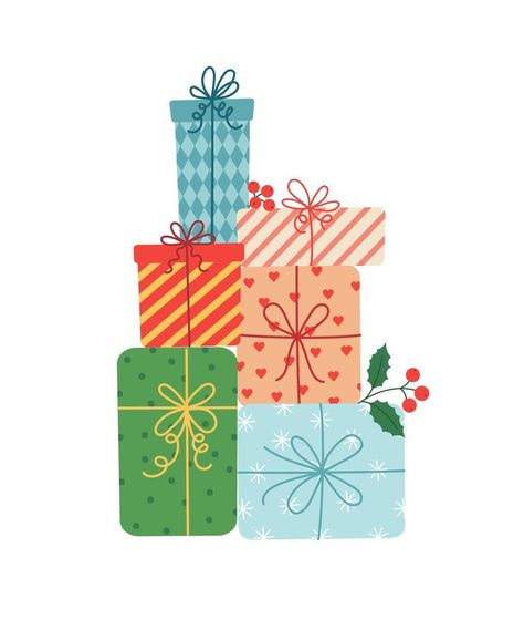 Pile of gift boxes in festive wrapping paper with ribbon and bows. Stack of different presents for Christmas holiday. Flat vector illustration isolated on white Christmas Present Vector, Christmas Gift Vector, Christmas Tree With Presents, Gift Vector, Christmas Illustrations, Holiday Ribbon, Christmas Post, Seasons Art, Christmas Quilt