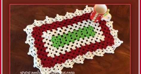 Rectangle Granny Table Runner and      Placemat Crochet Pattern      By Sara Sach of Posh Pooch Designs   "Classic Meets Fancy"  A Classic... Christmas Placemats Crochet, Crochet Rectangle Pattern, Crochet Table Runner Christmas, Christmas Crochet Table Runner, Placemats Crochet, Granny Rectangle, Join Yarn, Placemat Crochet, Xmas Crochet