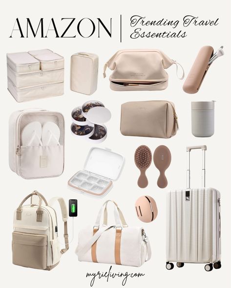 Beige Travel Essentials, Aesthetic Travel Accessories, Amazon Packing Essentials, Travel Essentials Aesthetic, Women Must Haves, Travel Makeup Bag Essentials, Amazon Travel Must Haves, Amazon Travel Essentials, Travel Accessories For Women