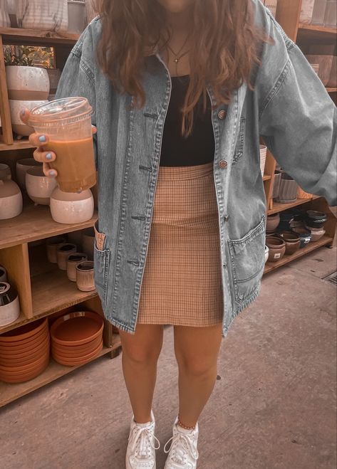 Jean Jacket And Skirt Outfit, Skirt And Jean Jacket Outfit, Flannel With Skirt, Jean Jacket Outfits Aesthetic, Jean Jacket Aesthetic, Plaid Skirt Outfit Aesthetic, Cute Jean Jacket Outfits, Plaid Skirt Aesthetic, Oversized Jean Jacket Outfit