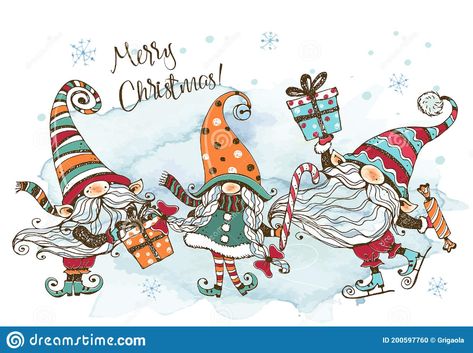 Christmas Card with a Fun Cute Family of Nordic Gnomes with Gifts. Watercolors and Graphics. Doodle Style Stock Illustration - Illustration of leprechaun, family: 200597760 Funny Gnomes, Nordic Gnomes, Winter Clipart, Swedish Christmas, Scandinavian Gnomes, Christmas Labels, Gnome Patterns, Nordic Christmas, Christmas Gnomes