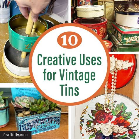 Get clever ideas to upcycle vintage tins into something new and useful! Gather up your tins and check out these unique and easy DIYs. Butter Cookies Tin, Diy Pouf, Tin Planters, Upcycle Vintage, Vintage Tea Tins, Spice Tins, Small Tins, Cookie Tins, Fortnum And Mason