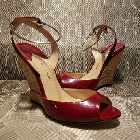 Host Pick Nwot - These Stunning Metal-Trimmed Patent Leather Wedge Sandals By Paul Andrew (Now New Designer Of Ferragamo) Are A Must Have * Peek-A-Boo Open Toe * Removable Ankle Bracelet Strap With Hook Closure * Architectural Cork Wedge Heel * Silver Trim Accent On Heel * Color: Burgundy (Red) * Size: 37 Eu (I Usually Wear A Us 6.5, Some 7) * Heel Height: 4 1/4" (Approx.) New Without Box, Never Worn Smoke Free, Pet Free Home Soft Aesthetic Outfits, Paul Andrew Shoes, Shoes Heels Classy, Seventies Fashion, Prom Heels, Fancy Shoes, Cute Heels, Girly Shoes, Looks Street Style