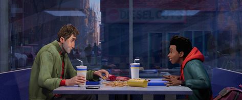 spider-man: into the spider-verse Into The Spiderverse Stills, Peter B Parker And Miles, Spiderverse Stills, Peter Parker Miles Morales, Peter B Parker, Spiderman Into The Spider Verse, Movie Journal, Spider Man Into The Spider Verse, Into The Spiderverse