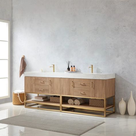 Wade Logan® Ahlani 84'' Free-standing Double Bathroom Vanity with Sintered Stone Vanity Top & Reviews | Wayfair 84 Inch Bathroom Vanity, Stone Countertop, Stone Bath, Double Bathroom, Double Sink Bathroom Vanity, White Countertops, Double Bathroom Vanity, Single Sink Bathroom Vanity, Engineered Stone