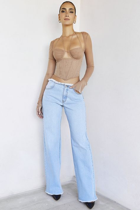 Corset And Jeans, Party Crop Tops, Satin Long Sleeve, Frayed Jeans, Jean Trends, Workout Tank Tops, Color Khaki, Denim Wash, Stretch Denim