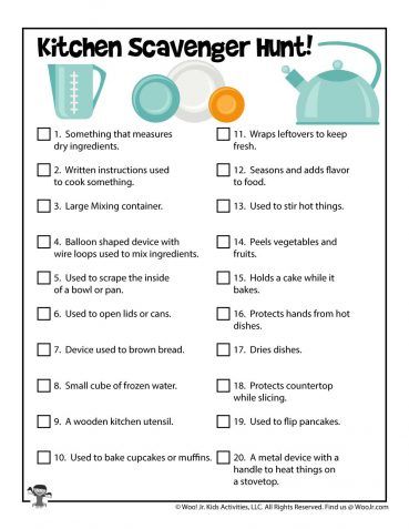 Scavenger Hunt Ideas for Kids | Woo! Jr. Kids Activities : Children's Publishing Kitchen Scavenger Hunt, Chef Activities For Kids, Cooking Worksheets For Kids, Food Scavenger Hunt, Culinary Classroom, Scavenger Hunt Ideas For Kids, Indoor Scavenger Hunt, Cooking Games For Kids, Scavenger Hunt Ideas