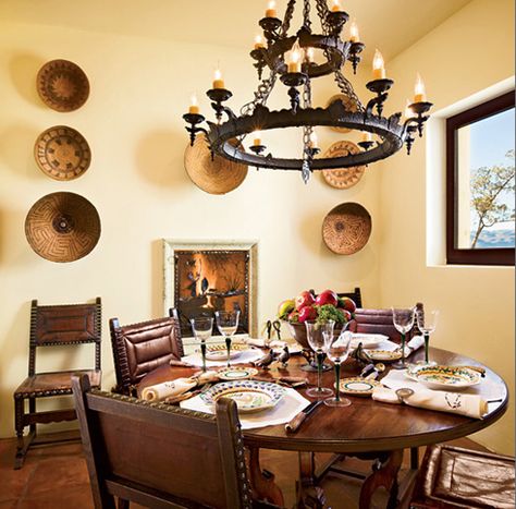 spanish dining room Spanish Style Dining Room, Spanish Dining Room, Ted Turner, Hacienda Decor, Spanish Colonial Homes, Dallas Interior Design, Hacienda Style Homes, Spanish Decor, Native American Baskets