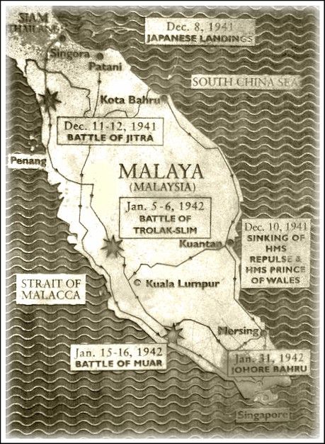 Old Map showing Japanese Invasion - the date and battles for Malaya Sejarah Kemerdekaan Malaysia, Malaysian Illustration, Sejarah Malaysia, Malaysia Vintage, Malaysia Map, History Of Malaysia, Malayan Emergency, Hms Prince Of Wales, New Palace