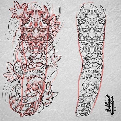 Hannya Maske Tattoo, Snake Sleeve, Traditional Japanese Tattoo Sleeve, Oni Tattoo, Tattoo Japanese Style, 16 Tattoo, Samurai Tattoo Design, Dragon Sleeve Tattoos, Full Sleeve Tattoo Design