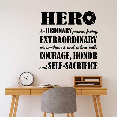 Firefighter Wall Decal Hero Definition Fireman Lettering Hero Definition, Break Room Decor, Police Appreciation, Inspirational Wall Quotes, Hero Quotes, Vinyl Wall Lettering, Wall Lettering, Gifts For Your Boss, Definition Quotes