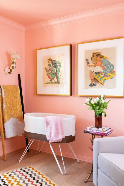 Designer Allison Crawford’s Small Nursery Makes a Case for Peachy Pink Paint | The paint color is Pop by Clare - the perfect peachy pink hue! Pink Painted Walls, Wall Trends, Pink Paint Colors, Paint Trends, Small Nurseries, Bold Wallpaper, Pink Paint, Baby's Room, Pink Walls