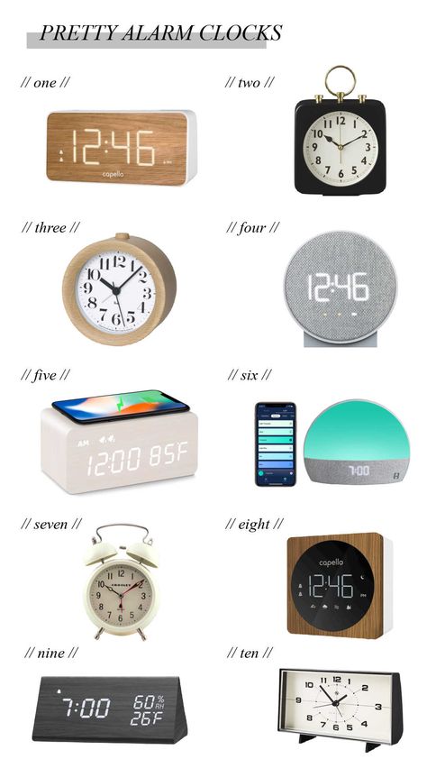 Pretty Alarm clocks that will look great on any nighstand Clock For Nightstand, Fun Alarm Clock, Cool Alarm Clock, Bedroom Alarm Clock, Alarm Clocks Aesthetic, Bedroom Clock Ideas, Clock In Bedroom, Nightstand Clock, Cool Alarm Clocks