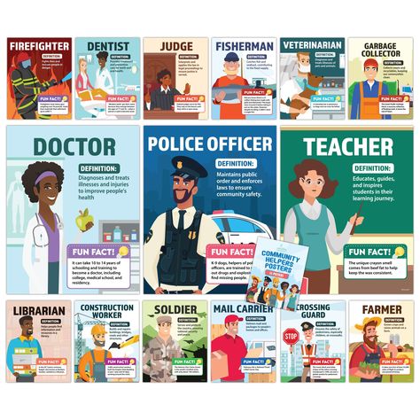 PRICES MAY VARY. INSPIRING FUTURE CAREERS - These 15 community helpers decorations encourage children to think about how they might contribute to the community by highlighting the essential duties of various jobs, inspiring the next generation of workers in a fun way. EDUCATIONAL & ENGAGING - Each 11x14in community classroom posters highlights a different community helper. It comes packed with engaging visuals, cool tidbits of different jobs & interesting fun facts, perfect for a stimulating lea Career Day Decorations, Career Center Decor Ideas, Career Day Poster Ideas, Career Vision Board Examples, Classroom Lights, Career Poster, Interesting Fun Facts, Service Learning Projects, Bright Classroom