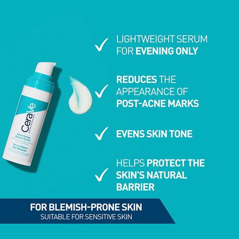 Developed with Dermatologists. Contains 3 Essential Ceramides to help protect the skin's natural barrier. Lightweight formula that works to reduce the appearance of post-acne marks. Gently exfoliates & brightens the skin. Cerave Retinol Serum, Cerave Retinol, Cerave Resurfacing Retinol Serum, Resurfacing Retinol Serum, Cerave Skincare, Post Acne Marks, Skin Resurfacing, Retinol Serum, Acne Marks